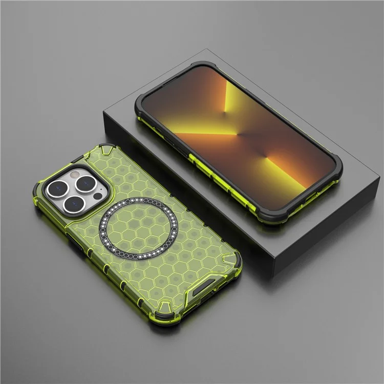 Funda magnética para iPhone 14 Pro Honeycomb Design TPU+PC Back Cover - Verde