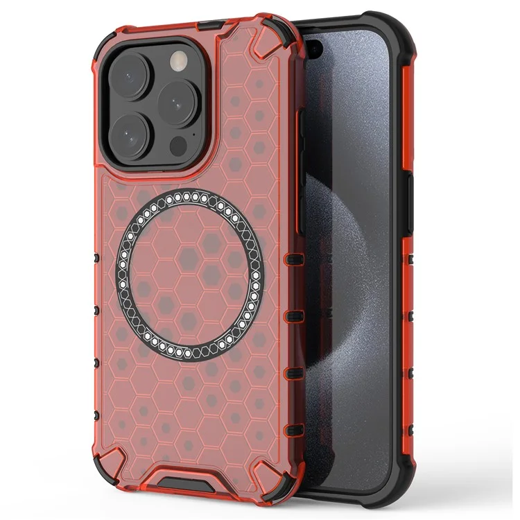 For iPhone 15 Pro Max Case Compatible with MagSafe Honeycomb Texture TPU+PC Phone Cover - Red