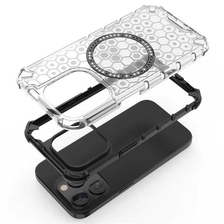 For iPhone 15 Pro Max Case Compatible with MagSafe Honeycomb Texture TPU+PC Phone Cover - Red