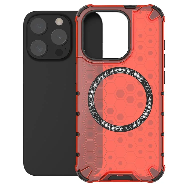 For iPhone 15 Pro Max Case Compatible with MagSafe Honeycomb Texture TPU+PC Phone Cover - Red