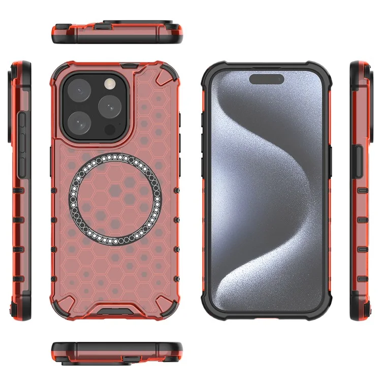 For iPhone 15 Pro Max Case Compatible with MagSafe Honeycomb Texture TPU+PC Phone Cover - Red