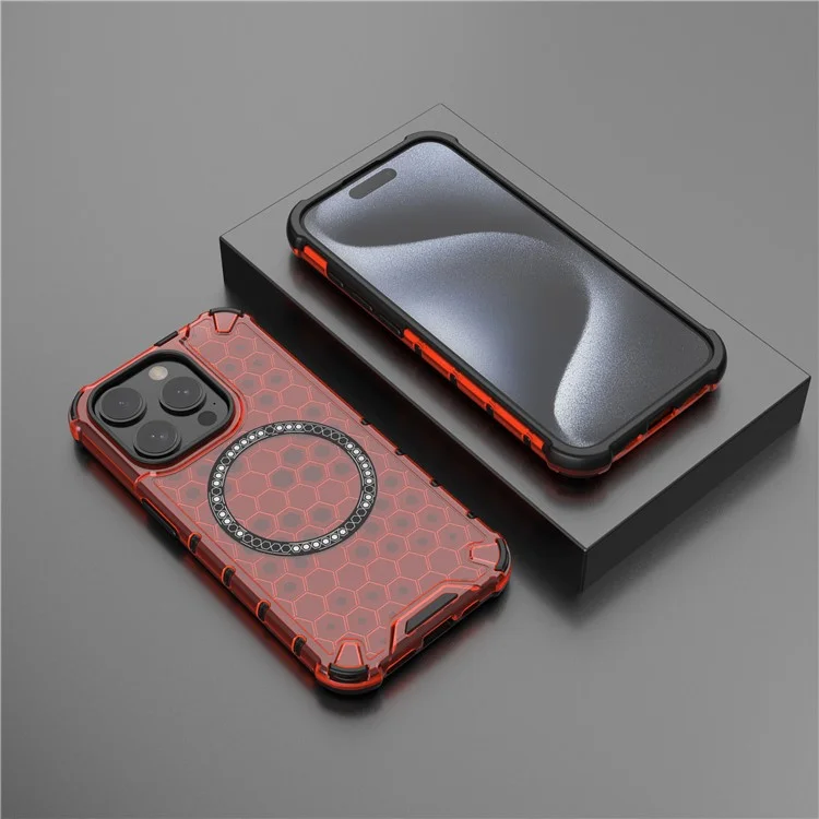For iPhone 15 Pro Max Case Compatible with MagSafe Honeycomb Texture TPU+PC Phone Cover - Red