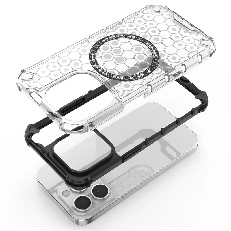 For iPhone 13 Pro Magnetic Case Honeycomb Design Thickened Corners TPU+PC Phone Cover - Red