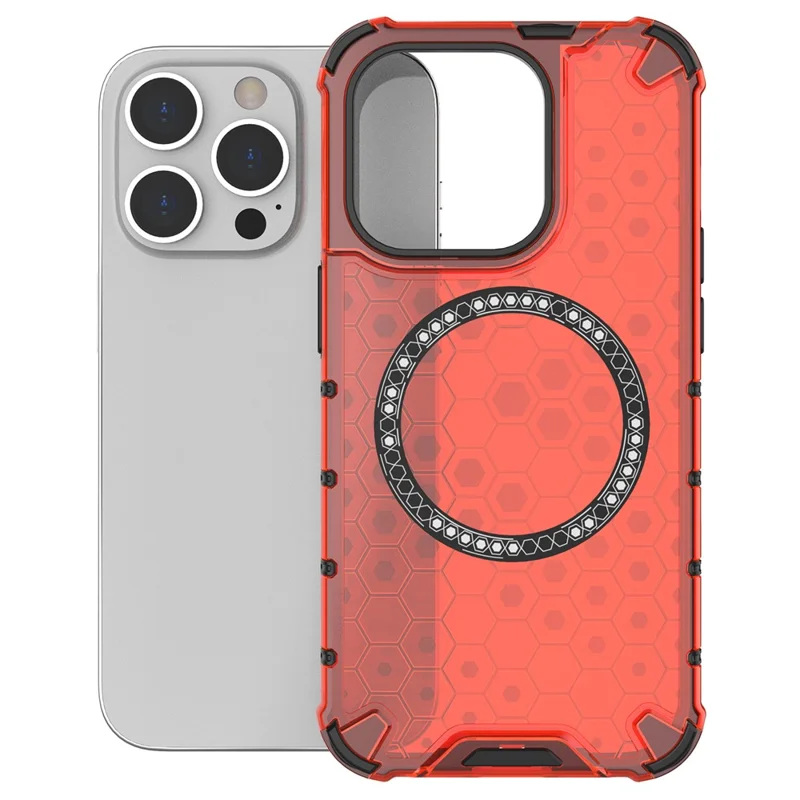For iPhone 13 Pro Magnetic Case Honeycomb Design Thickened Corners TPU+PC Phone Cover - Red