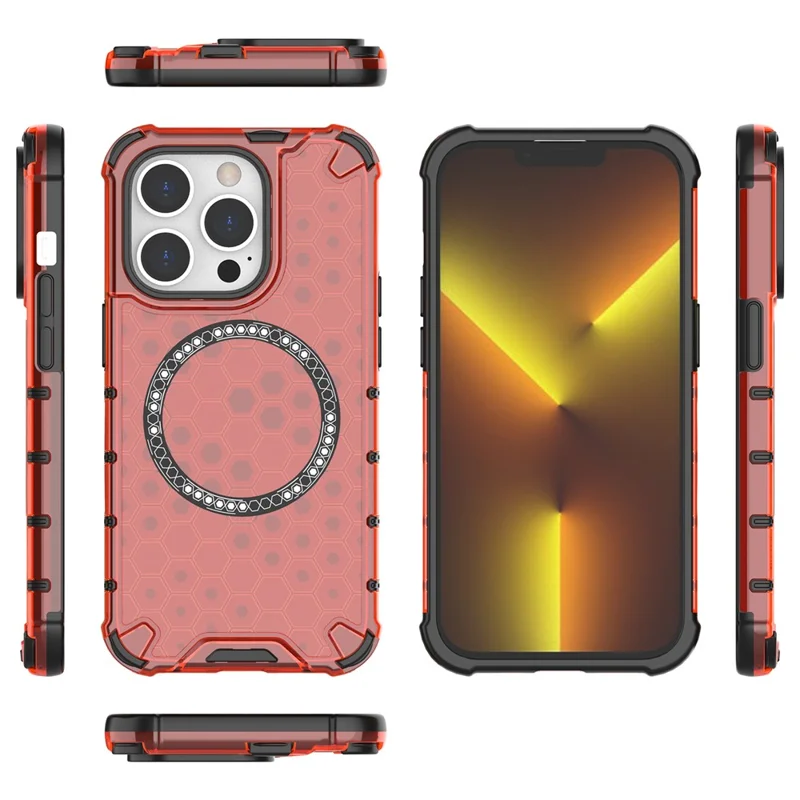 For iPhone 13 Pro Magnetic Case Honeycomb Design Thickened Corners TPU+PC Phone Cover - Red