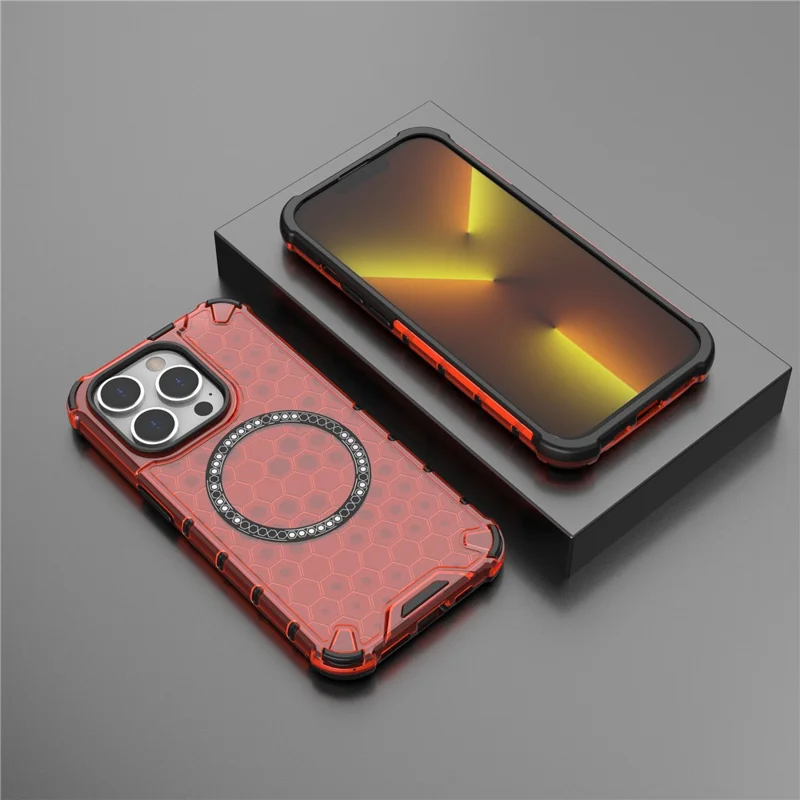 For iPhone 13 Pro Magnetic Case Honeycomb Design Thickened Corners TPU+PC Phone Cover - Red
