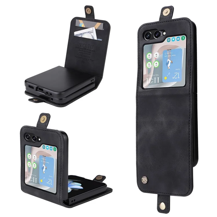 YIKATU YK-002 Para Samsung Galaxy Z Flip6 5G Capa Suporte para Cartões Pele de PU Capa de Telefone Toque de Pele - Preto