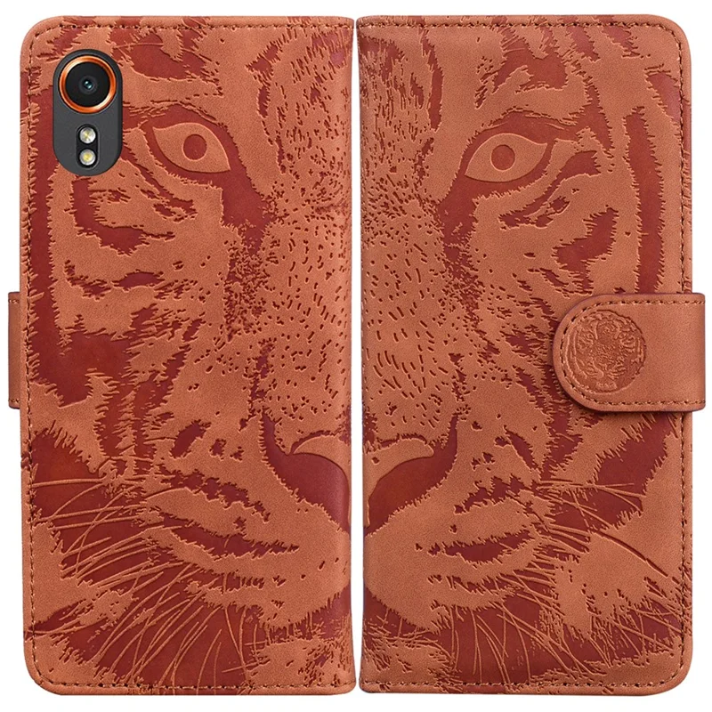 For Samsung Galaxy Xcover7 Case Wallet Tiger Pattern PU Leather Folio Phone Cover - Brown