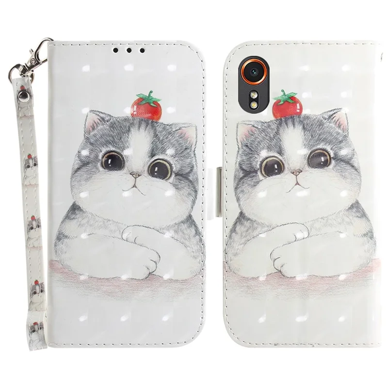 For Samsung Galaxy Xcover7 Wallet Case PU Leather Pattern Print Phone Cover with Strap - Cute Cat