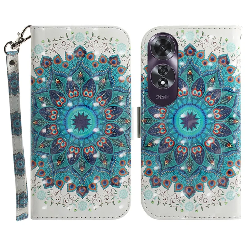 For Oppo A60 4G Case Pattern Printing Leather Wallet Phone Shell with Strap - Peacock Wreath