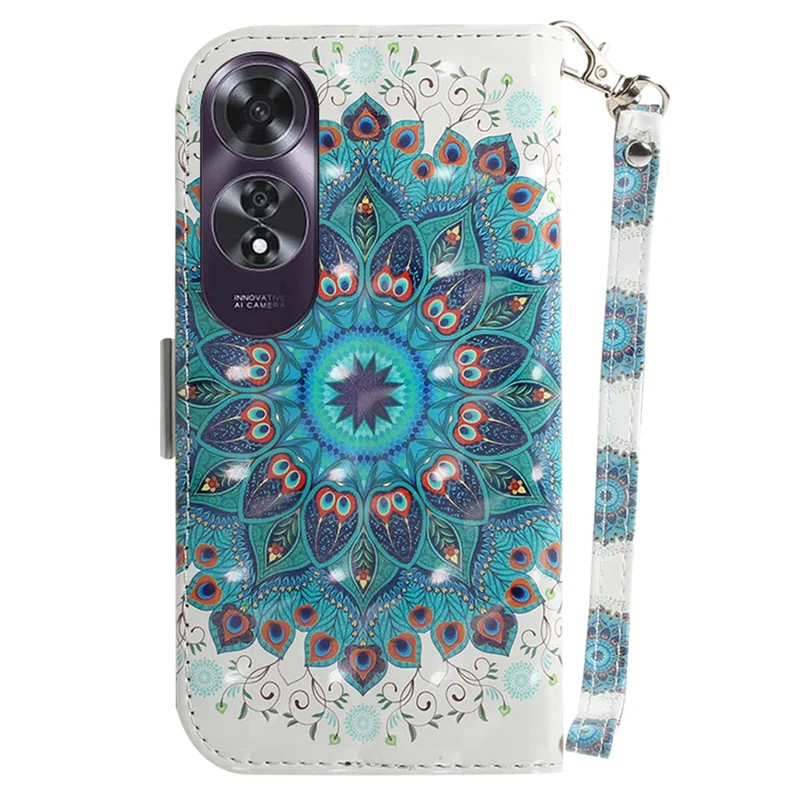 For Oppo A60 4G Case Pattern Printing Leather Wallet Phone Shell with Strap - Peacock Wreath