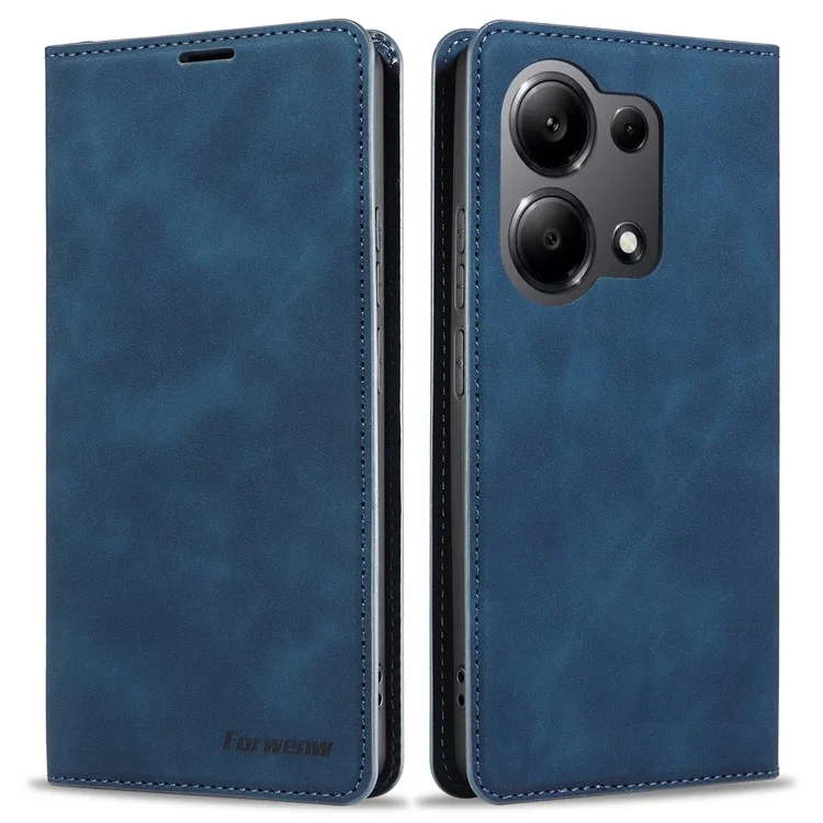 FORWENW Pour Xiaomi Redmi Note 13 Pro 4G / Poco M6 Pro 4G Étui Bord Caoutchouté Couverture Téléphone en Cuir PU - Bleu
