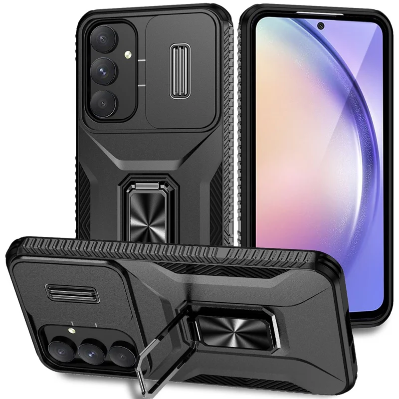 For Samsung Galaxy A55 5G Case TPU+PC Camera Lens Protection Kickstand Phone Cover - Black