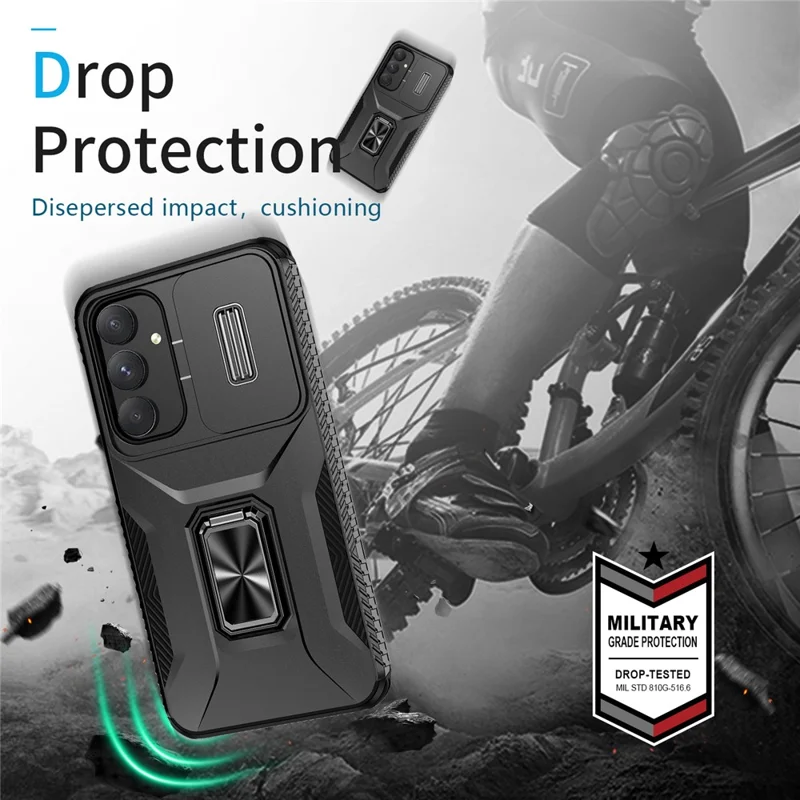 For Samsung Galaxy A55 5G Case TPU+PC Camera Lens Protection Kickstand Phone Cover - Black