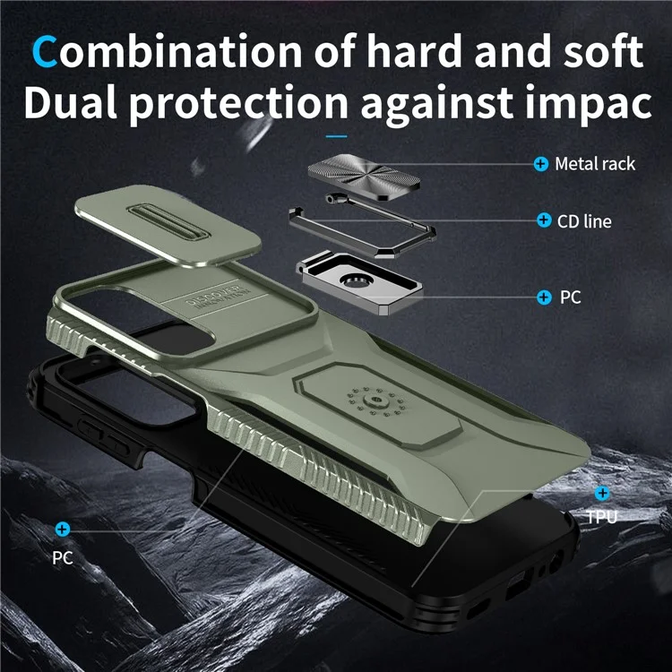 Für Samsung Galaxy A05s 4G Kickstand Case TPU+PC Phone Cover mit Schiebe-Linsendeckel - Grün
