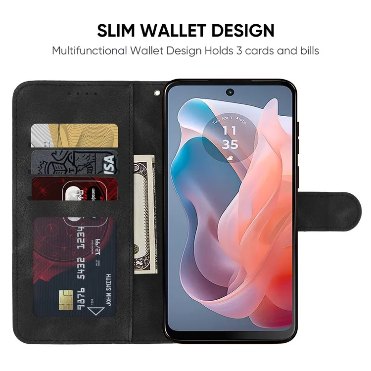 Для Motorola Moto G Play (2024) 4G Чехол с ремешком для руки Линии Штамп Кожаный Чехол для телефона - Черный