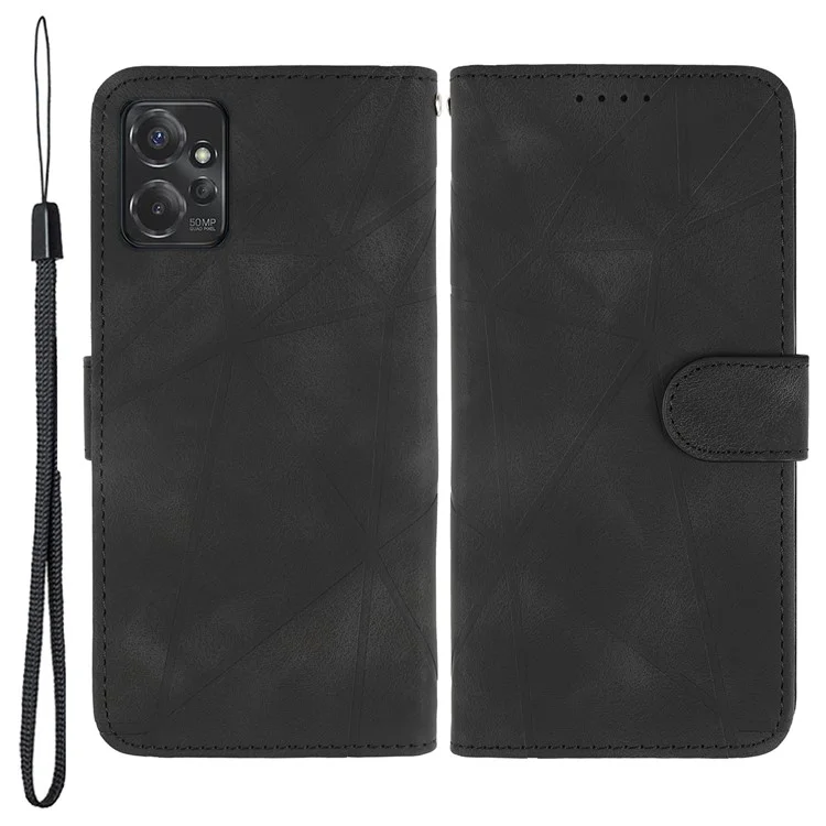 For Motorola Moto G Power 5G Case Skin-Touch Lines Imprint Leather Phone Cover with Strap - Black