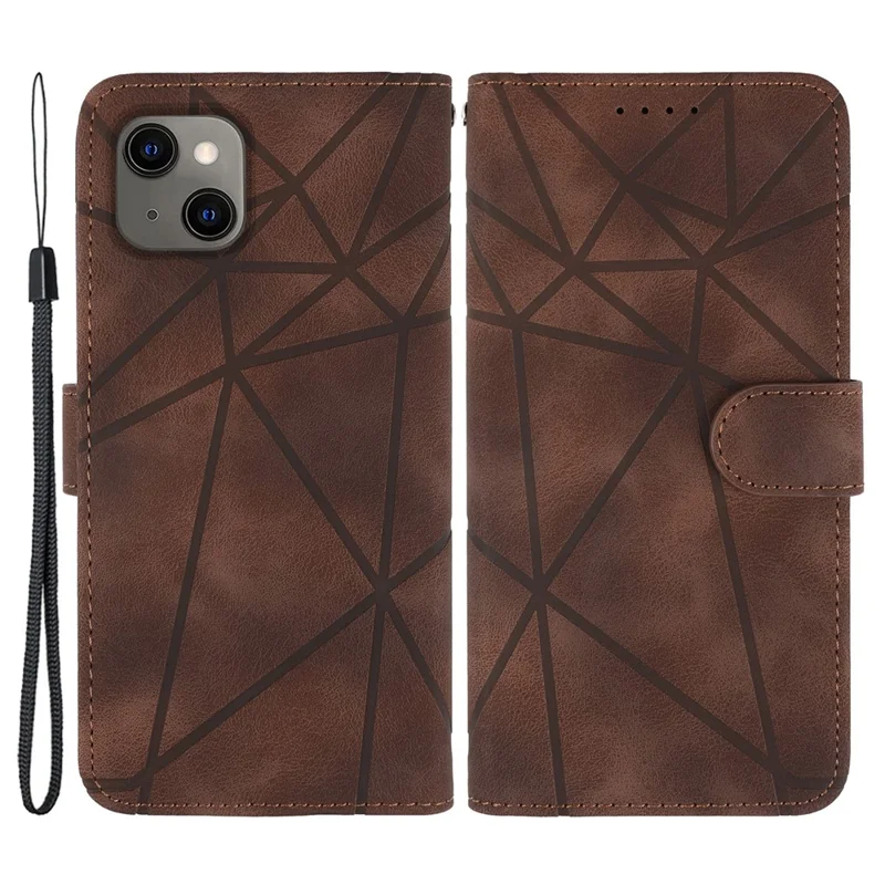 For iPhone 13 / 14 Case Lines Imprint PU Leather Wallet Phone Cover with Hand Strap - Brown