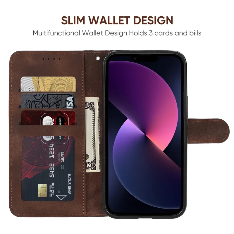 For iPhone 13 / 14 Case Lines Imprint PU Leather Wallet Phone Cover with Hand Strap - Brown