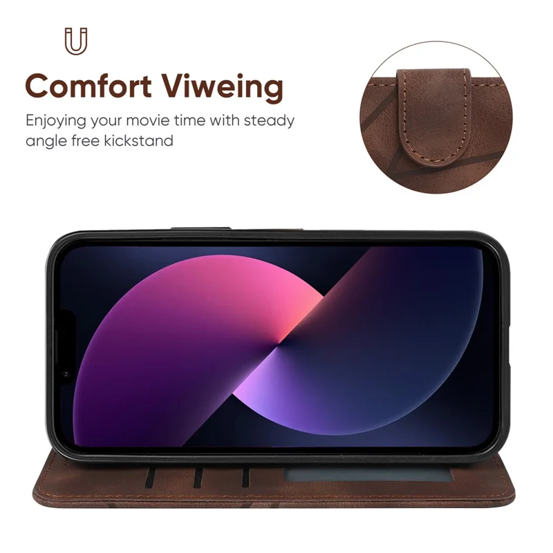 For iPhone 13 / 14 Case Lines Imprint PU Leather Wallet Phone Cover with Hand Strap - Brown