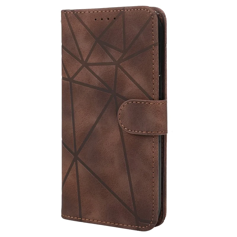 For iPhone 13 / 14 Case Lines Imprint PU Leather Wallet Phone Cover with Hand Strap - Brown