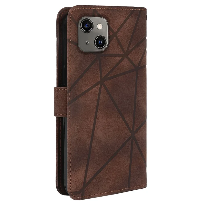 For iPhone 13 / 14 Case Lines Imprint PU Leather Wallet Phone Cover with Hand Strap - Brown