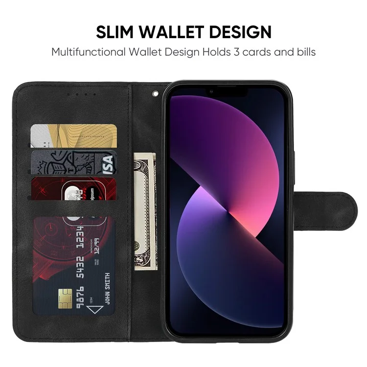Funda para iPhone 14 Plus Skin-Touch, patrón de línea de cuero, ranuras para tarjetas, funda de teléfono con cartera - Negro