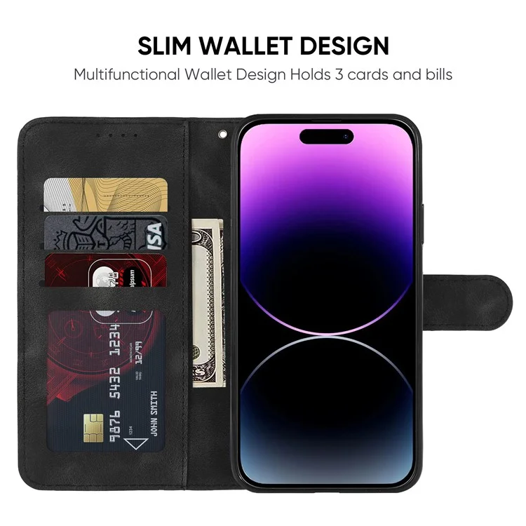 For iPhone 14 Pro Max Leather Case Skin-Touch Texture Wallet Stand Phone Cover - Black