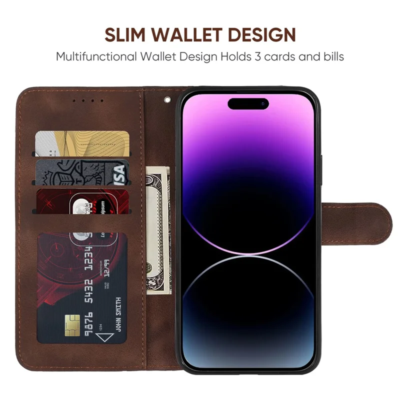 For iPhone 14 Pro Max Leather Case Skin-touch Texture Wallet Stand Phone Cover - Brown