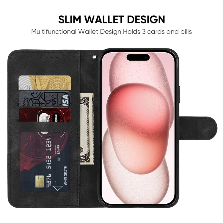 Für iPhone 15 Plus Case Lines Imprint Leather Wallet Phone Cover Skin Feeling - Schwarz