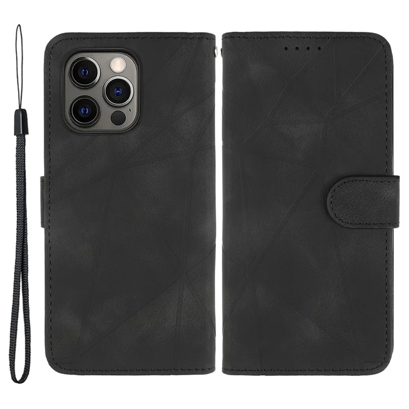 Für iPhone 15 Pro Max Wallet Case Lines Imprint Skin-Touch Leder Handyhülle - Schwarz