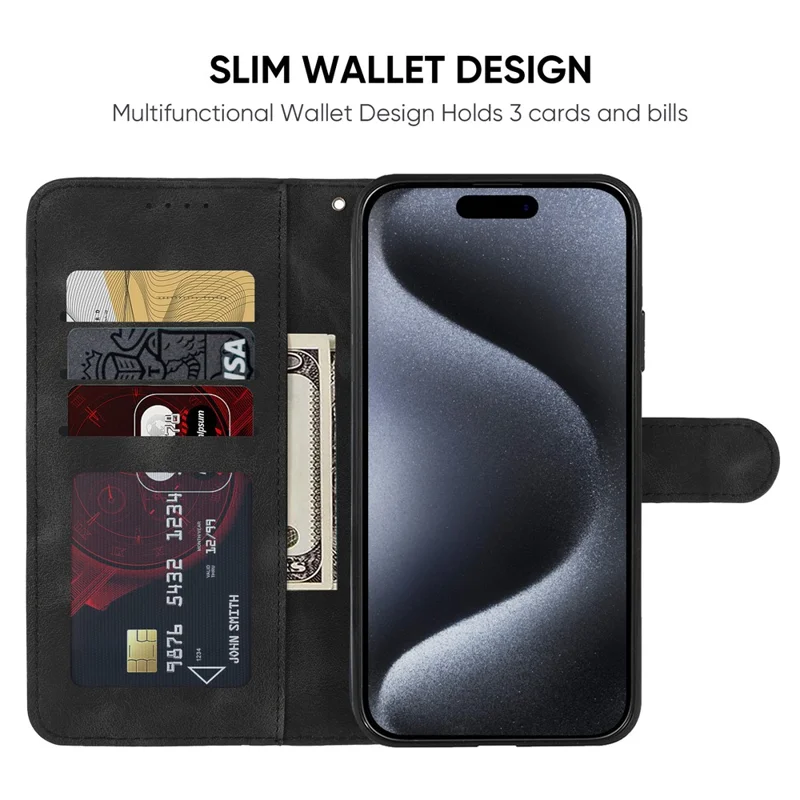 Für iPhone 15 Pro Max Wallet Case Lines Imprint Skin-Touch Leder Handyhülle - Schwarz