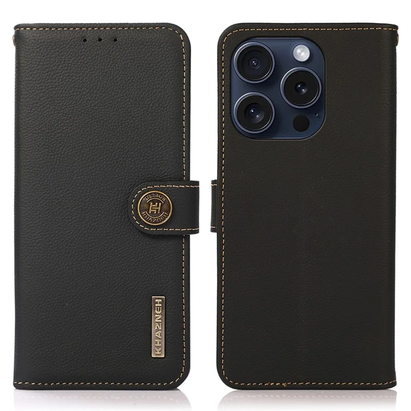 KHAZNEH Para iPhone 16 Pro Max Wallet Case RFID Blocking Genuine Cow Leather Phone Cover - Negro