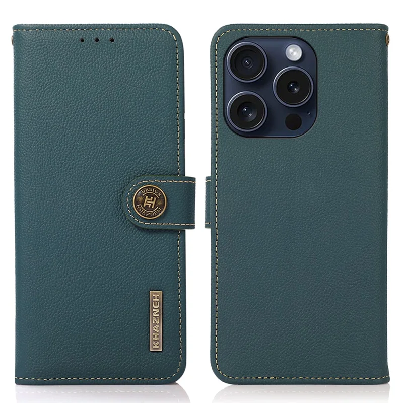 KHAZNEH per iPhone 16 Pro Max Custodia Portafoglio RFID Blocking Vera Pelle di Mucca Cover per Telefono - Verde