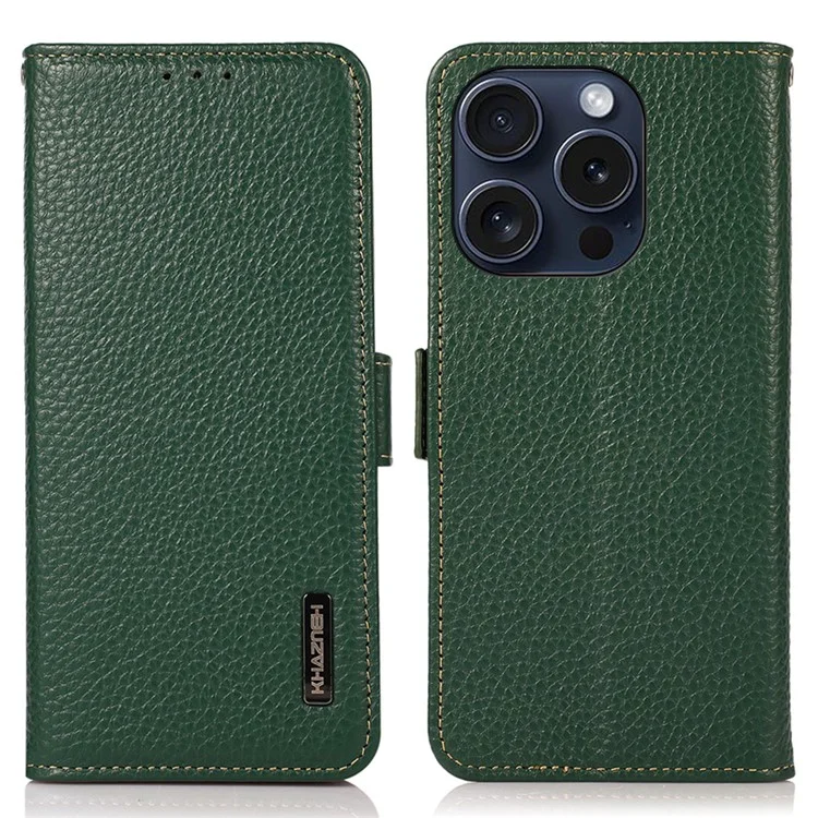 KHAZNEH Para iPhone 16 Pro Max Wallet Case Genuine Cow Leather Phone Cover RFID Blocking - Verde