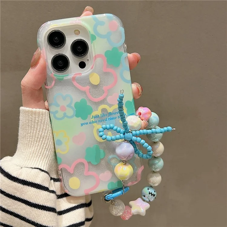 Для iPhone 15 Pro Max Case TPU+PC Цветочный Узор Двухслойный IMD Чехол для Телефона с Ручной Цепочкой - MK Flower 2