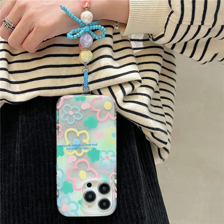 Для iPhone 15 Pro Max Case TPU+PC Цветочный Узор Двухслойный IMD Чехол для Телефона с Ручной Цепочкой - MK Flower 2