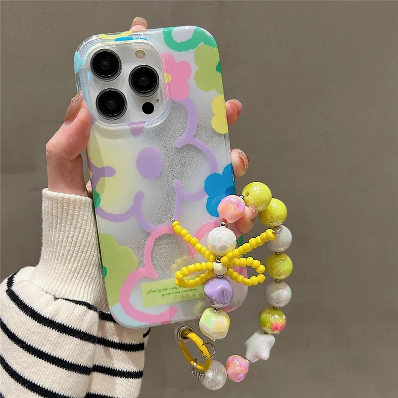 For iPhone 15 Pro Cover TPU+PC Flower Pattern Phone Case Dual-Layer IMD Phone Protective Shell with Hand Chain - MK Flower 4