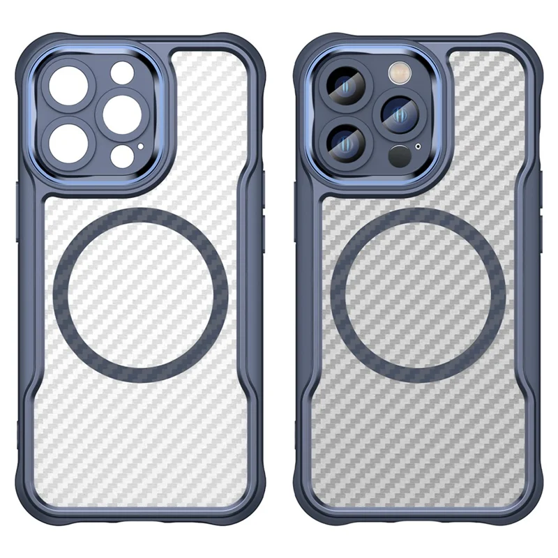 For iPhone 15 Pro Max Magnetic Case Smooth Carbon Fiber TPU+PC Translucent Phone Cover - Blue