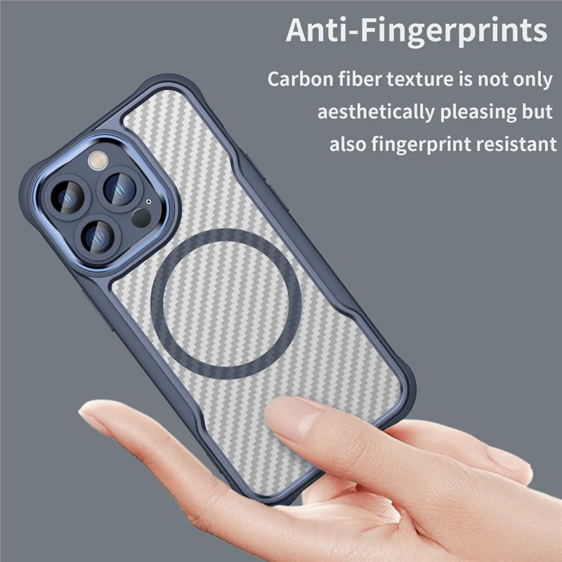 For iPhone 15 Pro Max Magnetic Case Smooth Carbon Fiber TPU+PC Translucent Phone Cover - Blue