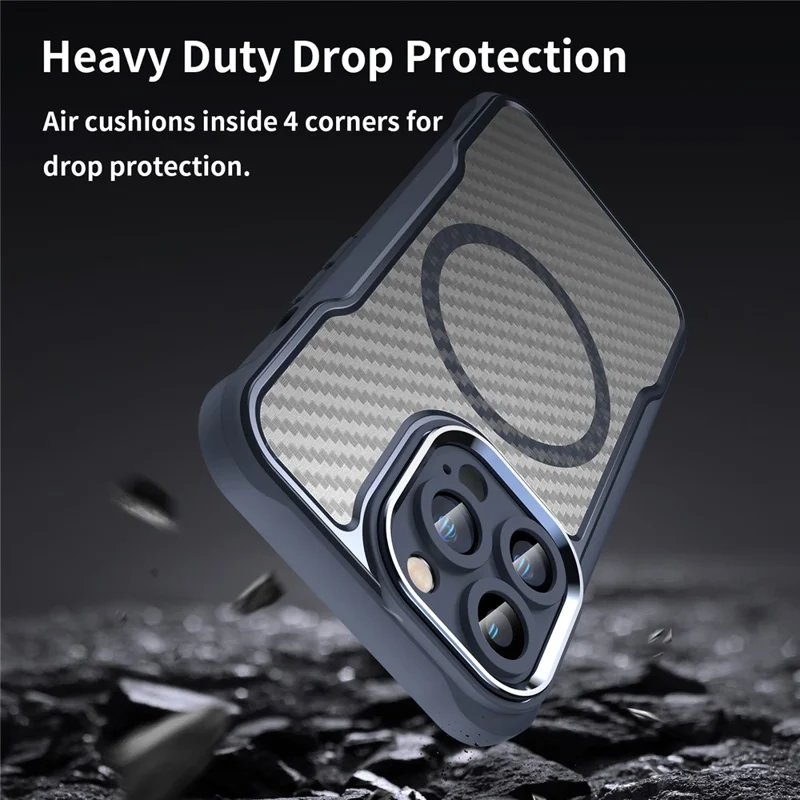 For iPhone 15 Pro Max Magnetic Case Smooth Carbon Fiber TPU+PC Translucent Phone Cover - Blue