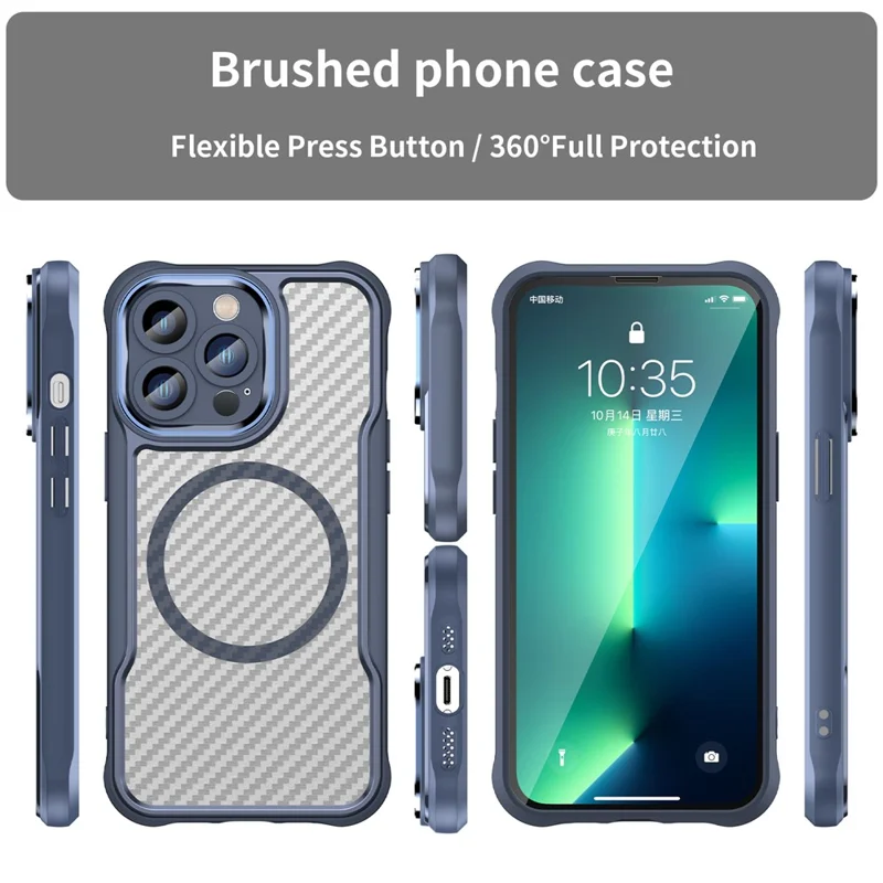 For iPhone 15 Pro Max Magnetic Case Smooth Carbon Fiber TPU+PC Translucent Phone Cover - Blue