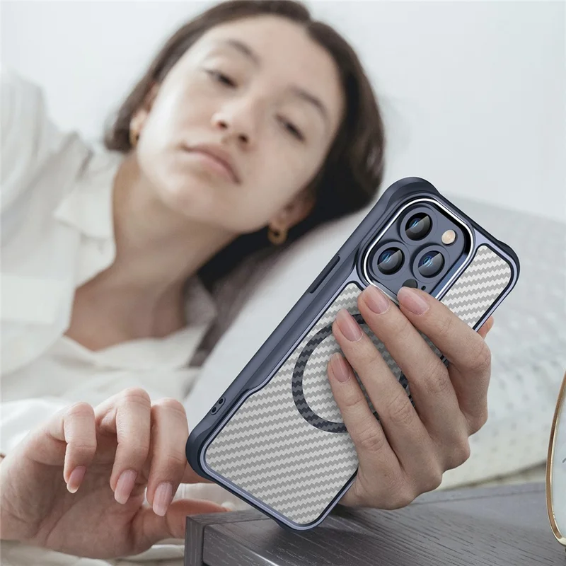 For iPhone 15 Pro Max Magnetic Case Smooth Carbon Fiber TPU+PC Translucent Phone Cover - Blue
