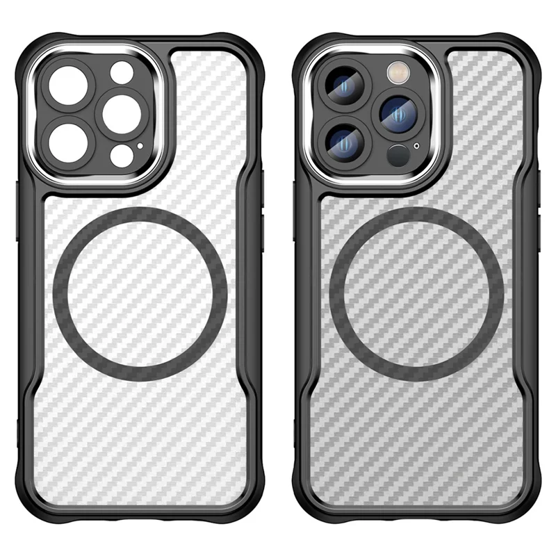 For iPhone 13 Pro Magnetic Phone Case TPU+PC Back Cover Carbon Fiber Texture - Black