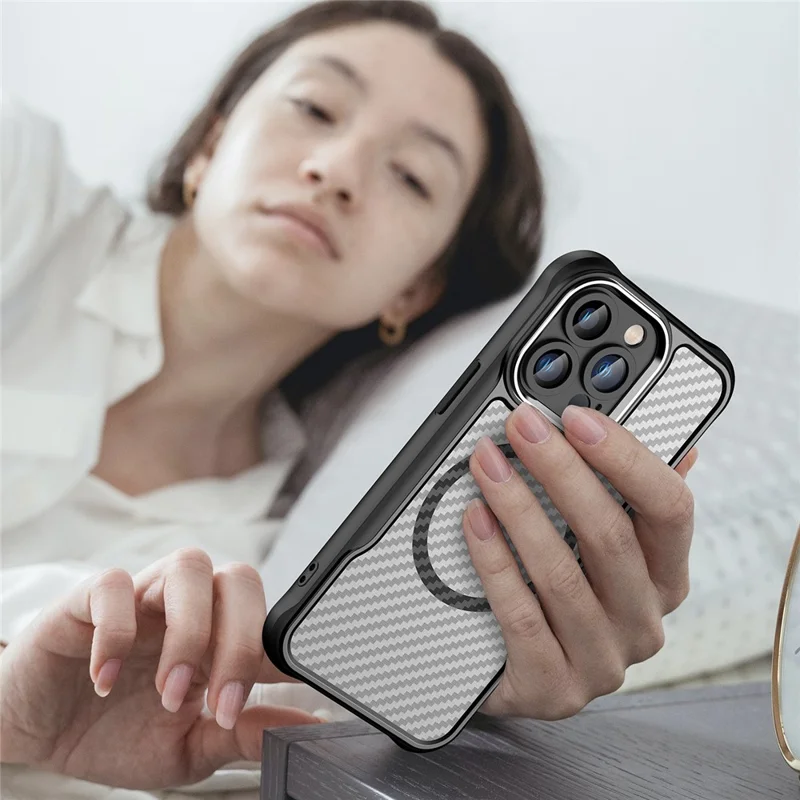 For iPhone 13 Pro Magnetic Phone Case TPU+PC Back Cover Carbon Fiber Texture - Black
