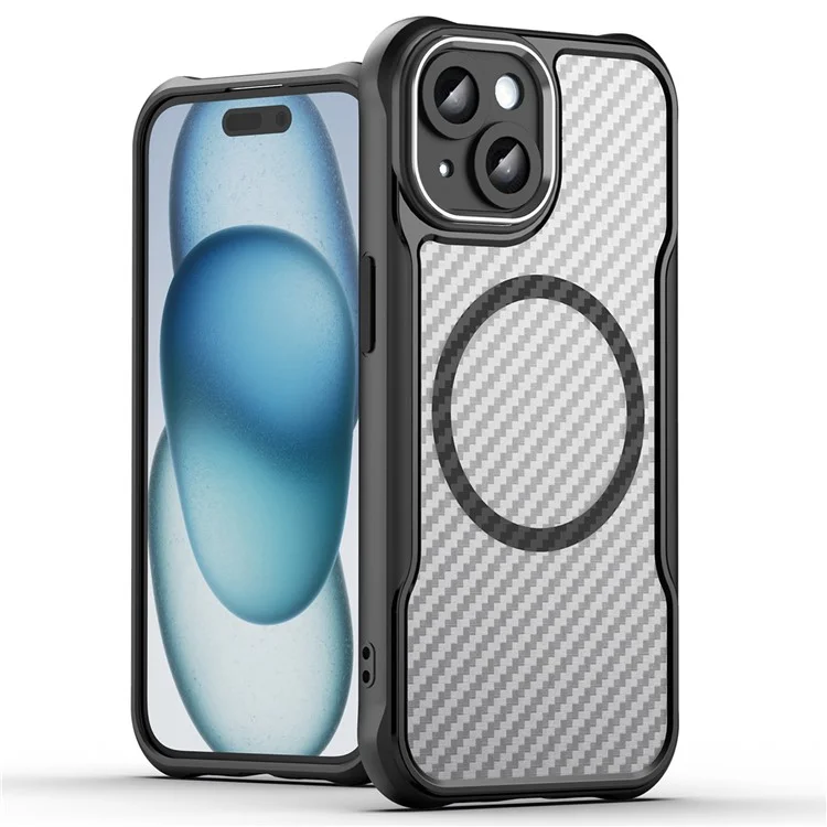 For iPhone 15 Case Compatible with MagSafe Carbon Fiber Texture TPU+PC Phone Cover - Black