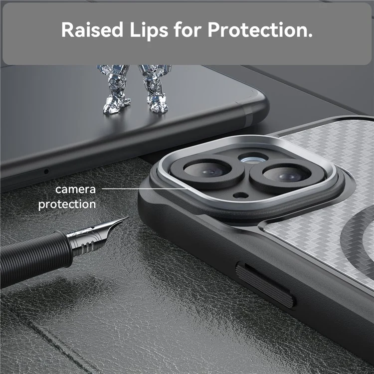 For iPhone 15 Case Compatible with MagSafe Carbon Fiber Texture TPU+PC Phone Cover - Black