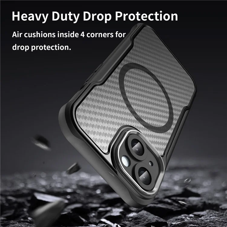 For iPhone 15 Case Compatible with MagSafe Carbon Fiber Texture TPU+PC Phone Cover - Black
