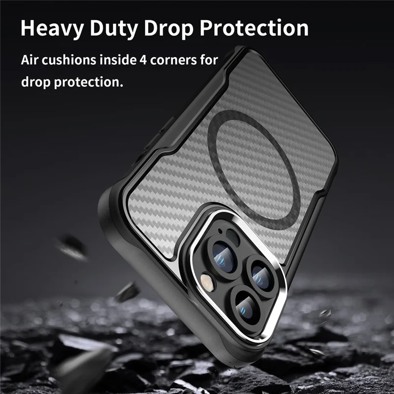 For iPhone 14 Pro Max Magnetic Case TPU+PC Translucent Carbon Fiber Texture Phone Cover - Black
