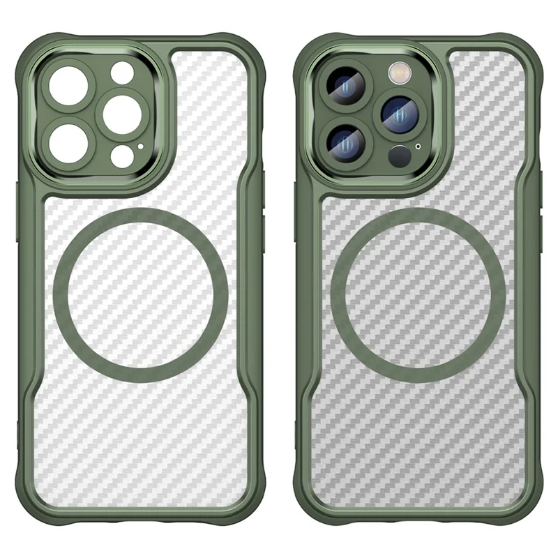 For iPhone 14 Pro Max Magnetic Case TPU+PC Translucent Carbon Fiber Texture Phone Cover - Green